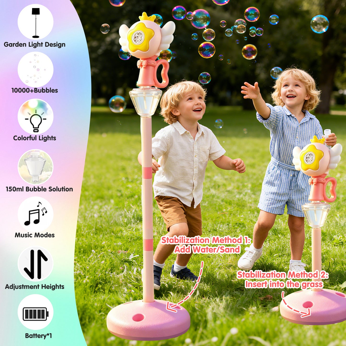 KOPPOP Garden Bubble Machine, LED Musical Lawn Lamp & Rechargeable Battery, Adjustable Height Outdoor Party Bubble Blower for Outdoor Decor (Pink)