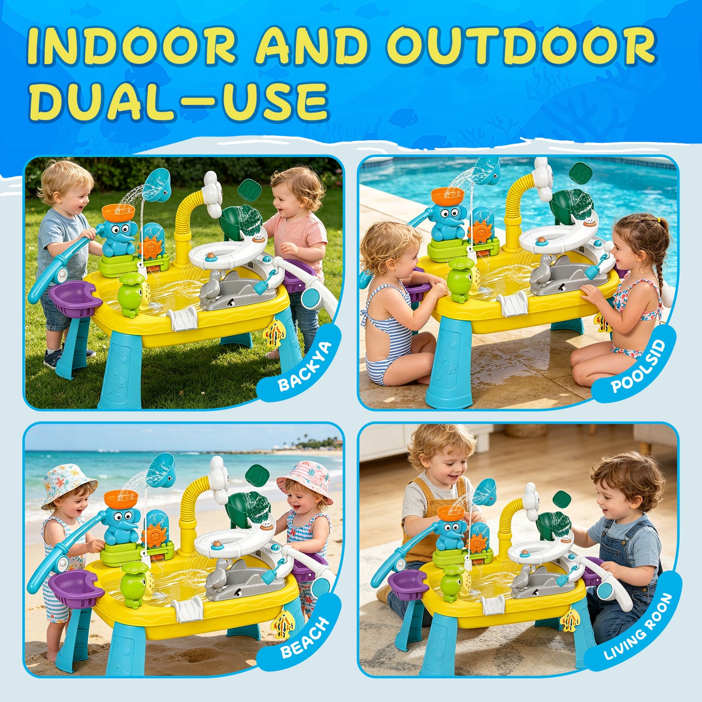KOPPOP Animal Water Park Toddler Water Table - Beach Toy with Rotating Spray & Whale Pump for Outdoor Sensory Play, Kids Ages 0-3 3-9