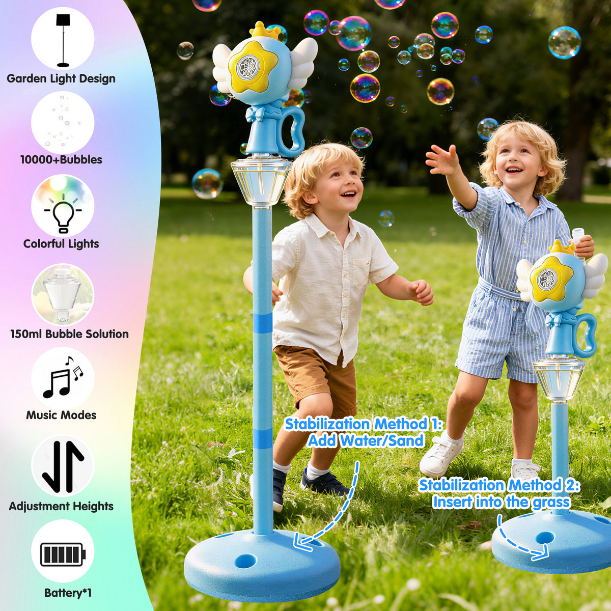 KOPPOP Garden Bubble Machine, LED Musical Lawn Lamp & Rechargeable Battery, Adjustable Height Outdoor Party Bubble Blower for Outdoor Decor(Blue)