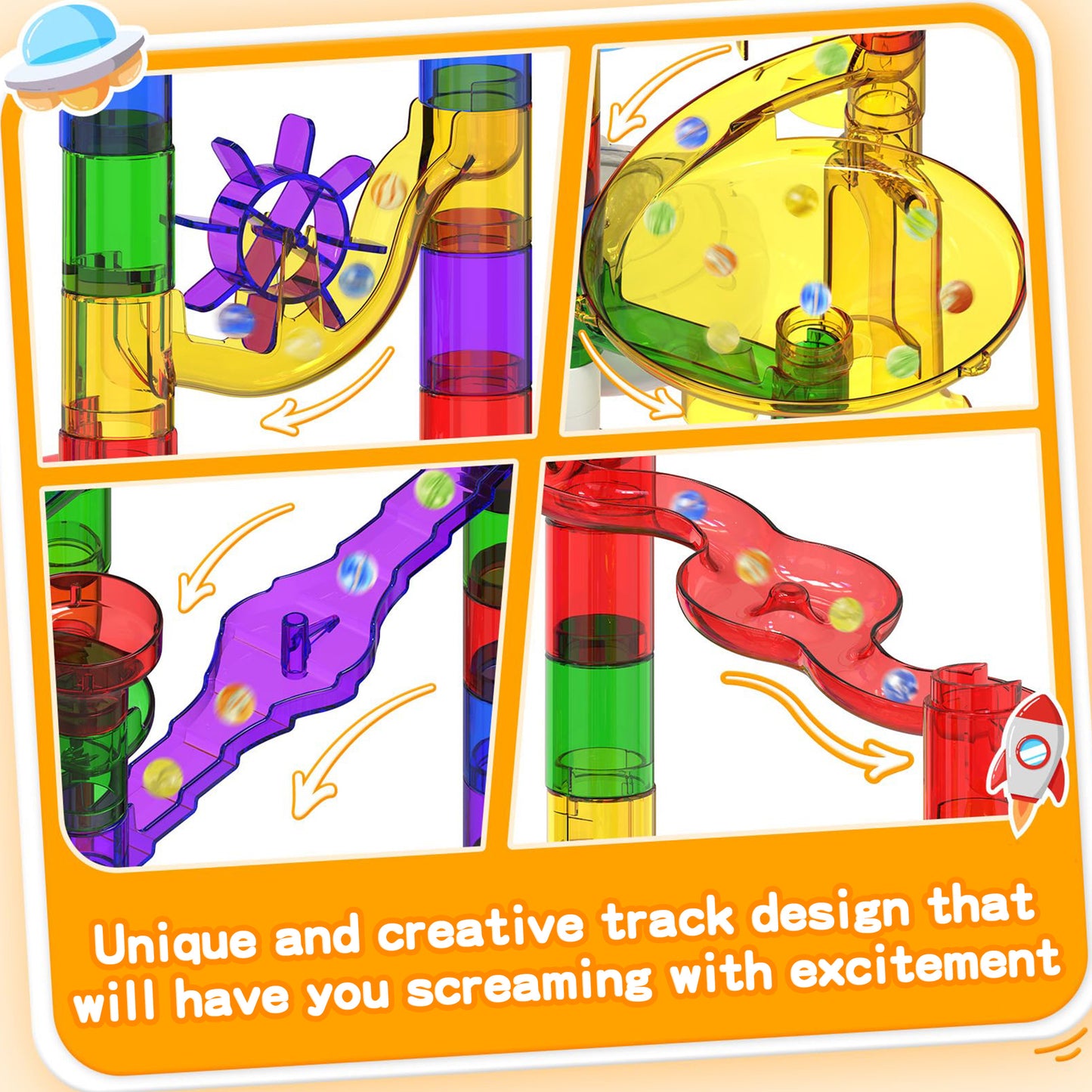 KOPPOP 200 Pcs Marble Run with Motorized Elevator, Construction Building Blocks with 32 Plastic & 10 Glass & 4 Glow Marbles, STEM Educational Toys for Kids Ages 4-8