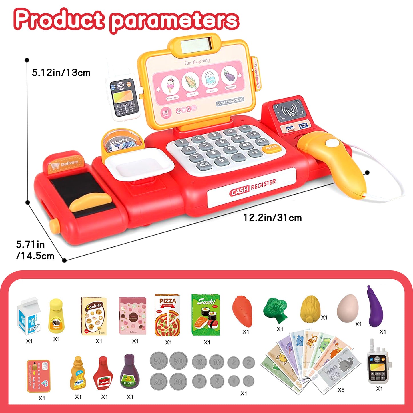 KOPPOP Kids Cash Register Toy, Pretend Play with Scanner, Learning Toy Gift for 3 4 5 6 Years Old Boys Girls Birthday(red).
