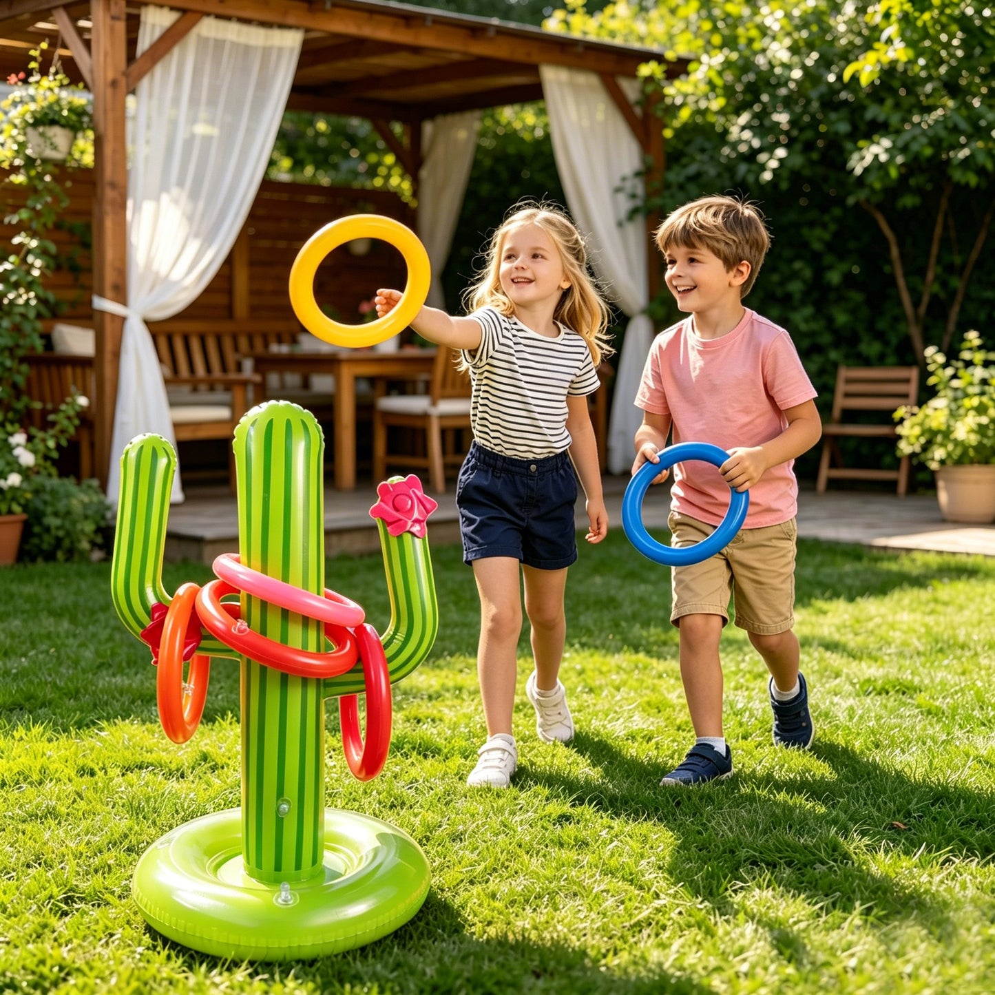KOPPOP Pool Toys Games Set, Floating Basketball Hoop with Inflatable Cross Ring Toss Game, Cactus Inflatable Toy for Kids Adults, Summer Swimming Pool Water Games
