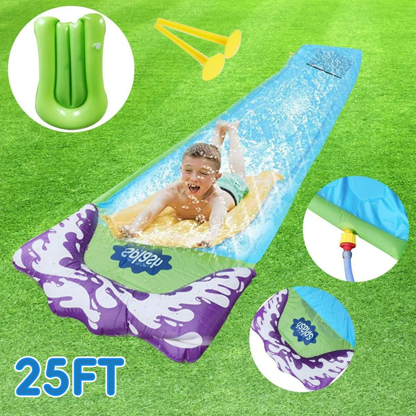 YoYfun 25 FT Water Slide ,Summer Lawn Water Slide for kids ，Heavy Duty Slip Waterslides Water Toy with Sprinkler and 1 Bodyboards for  Backyard Outdoor Water Play Fun