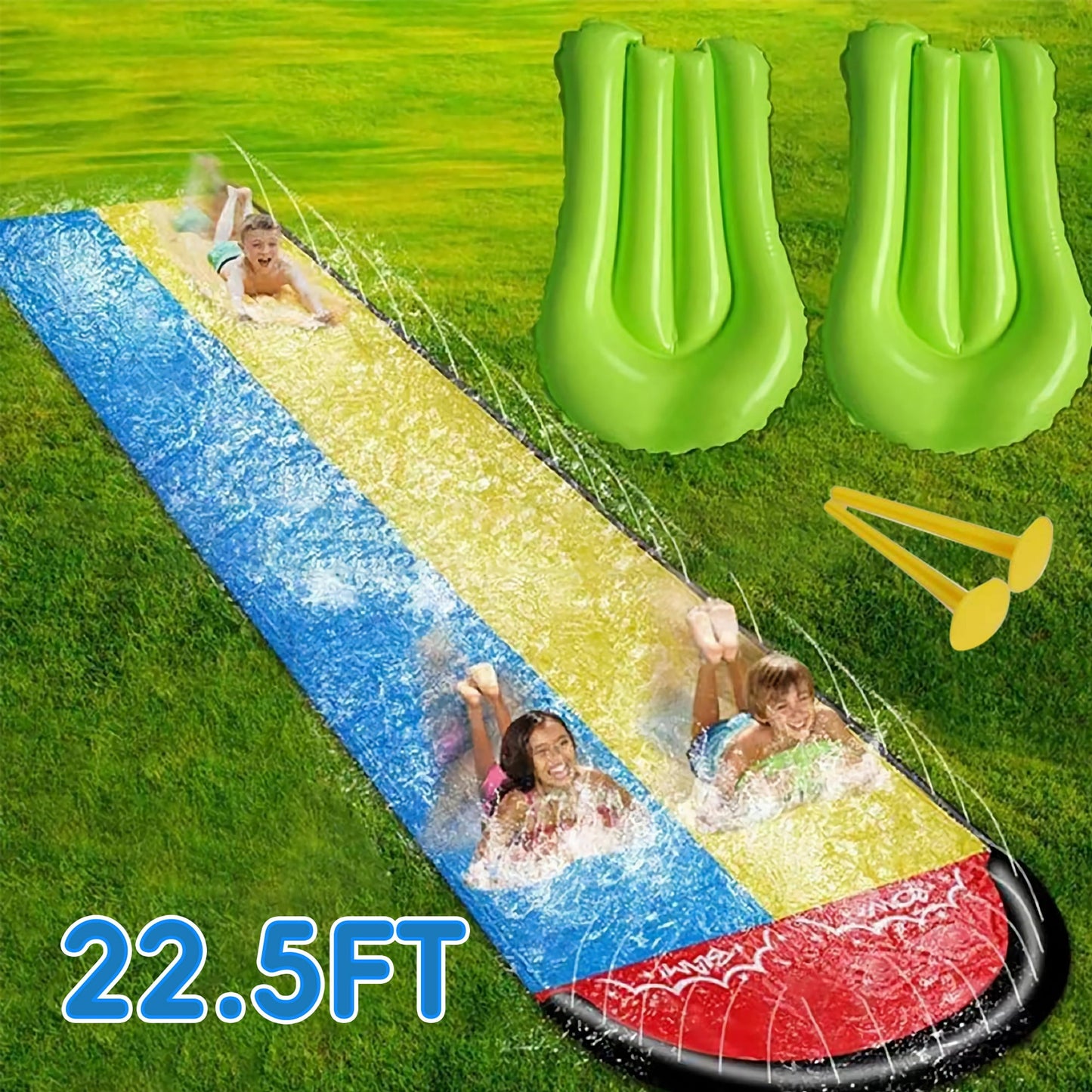 YoYfun 22.5FT x 4.6FT Water Slide , Double Lawn Water Slide for kids ，Heavy Duty Slip Waterslides Water Toy with Sprinkler and 2 Bodyboards for Summer  Backyard Outdoor Water Play Funies