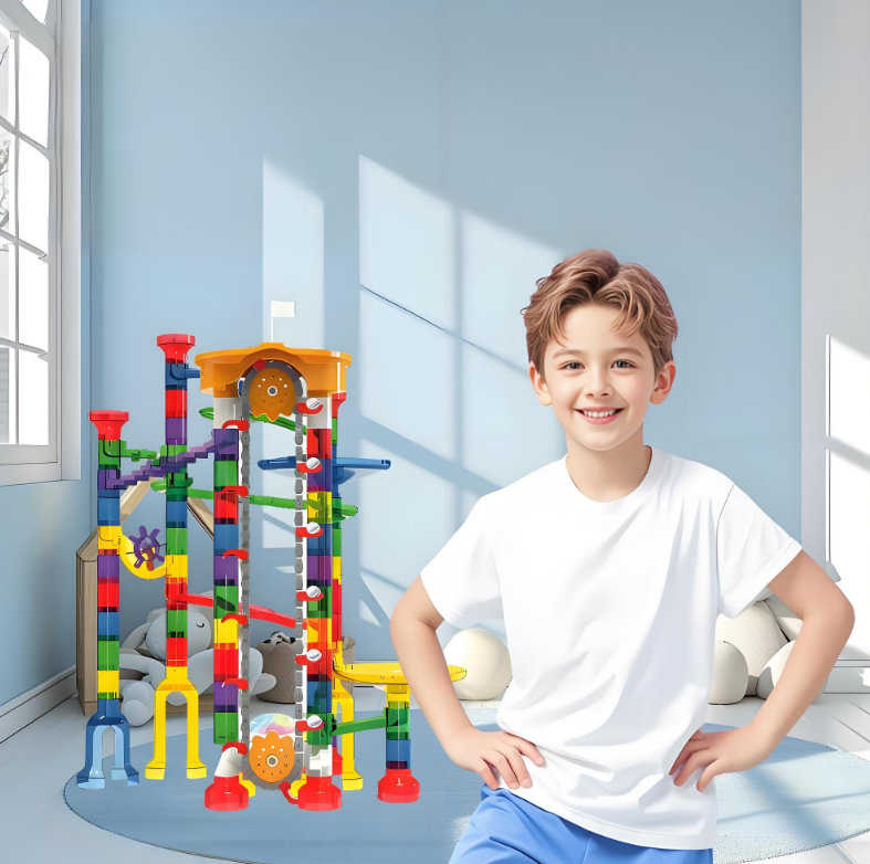 KOPPOP 200 Pcs Marble Run with Motorized Elevator, Construction Building Blocks with 32 Plastic & 10 Glass & 4 Glow Marbles, STEM Educational Toys for Kids Ages 4-8