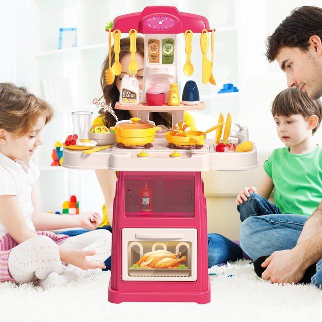 Play Kitchen,Kids Kitchen Playset with Real Sounds & Lights,Pretend Play Food Toys,Play Sink,Cooking Stove with Steam,Toddler Kitchen Toy Gift for Boys and Grlis(44PCS )