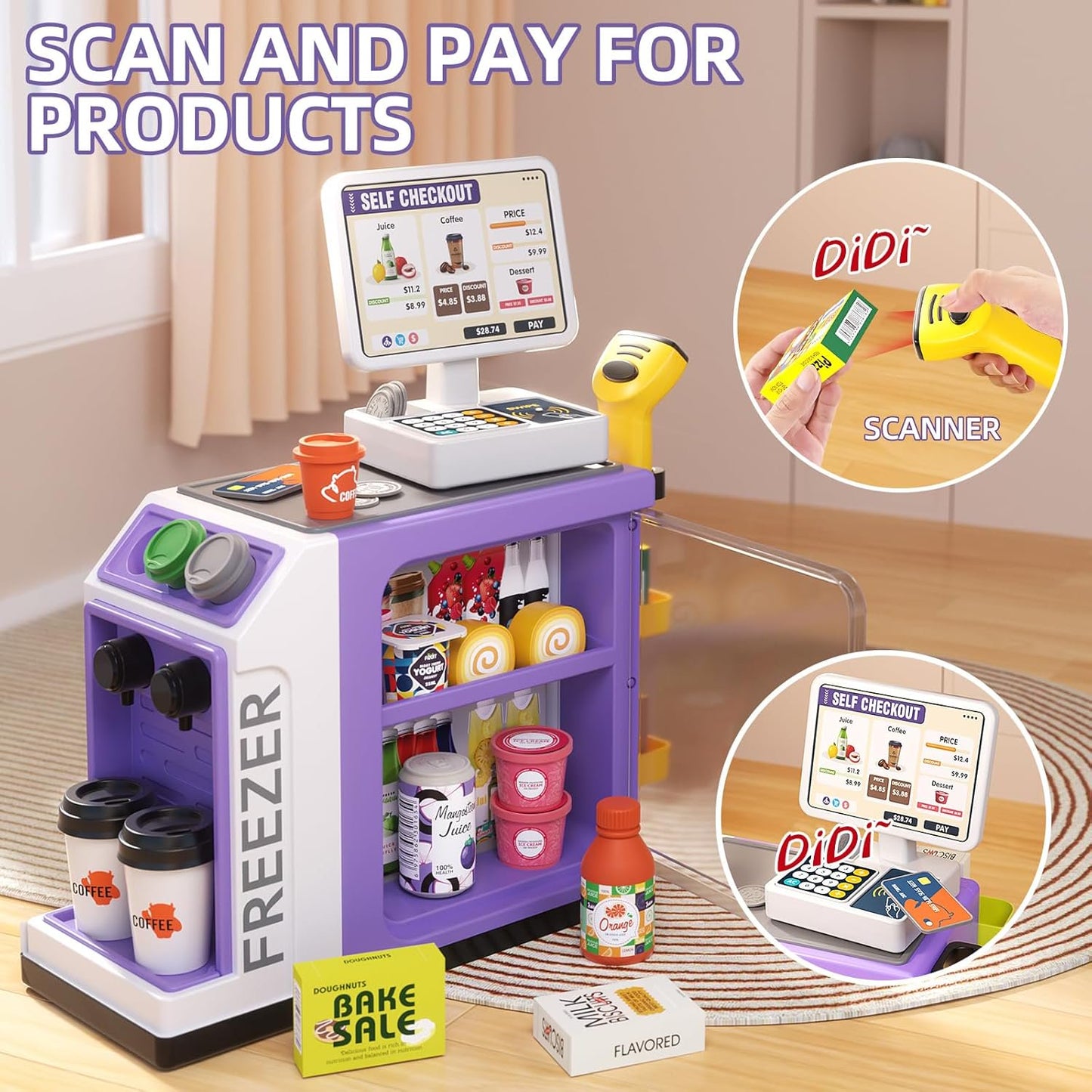 YoYFUN Cash Register for Kids, Pretend Play Toys with Scanner, Calculator, Play money, Toy Food, Math Games, Gift for Kids Ages 3+, Purple