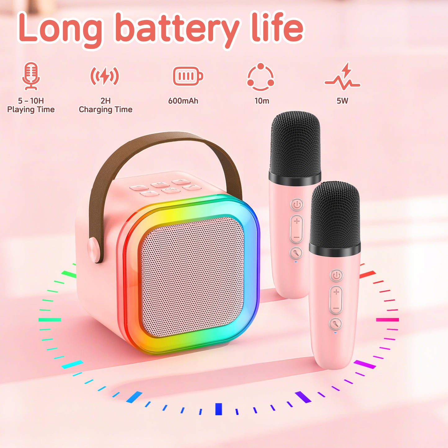 KOPPOP Mini Karaoke Machine with 2 Wireless Mics, Portable Speaker for Home & Travel Singing, Fun Gift for Kids 4-12+ Years Old (Pink)