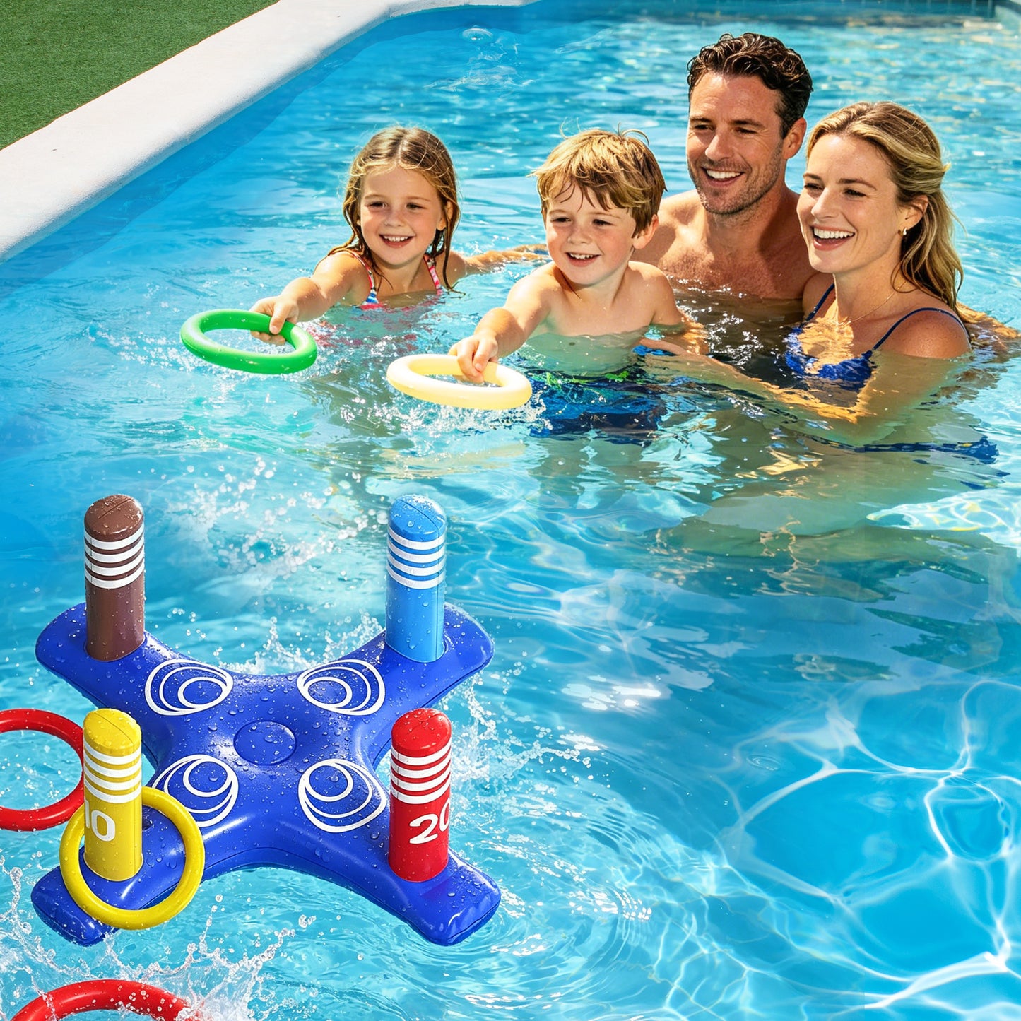 KOPPOP Pool Toys Games Set, Floating Basketball Hoop with Inflatable Cross Ring Toss Game, Cactus Inflatable Toy for Kids Adults, Summer Swimming Pool Water Games