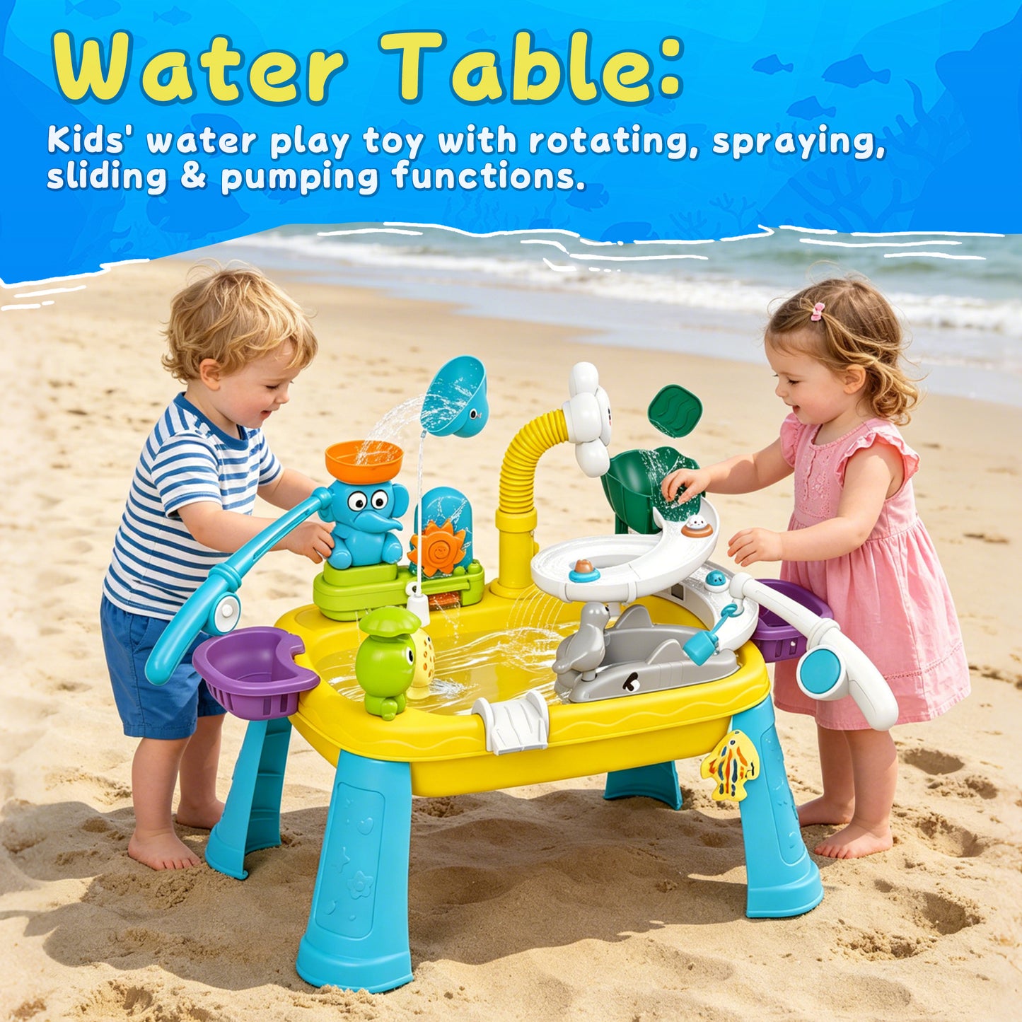 KOPPOP Animal Water Park Toddler Water Table - Beach Toy with Rotating Spray & Whale Pump for Outdoor Sensory Play, Kids Ages 0-3 3-9
