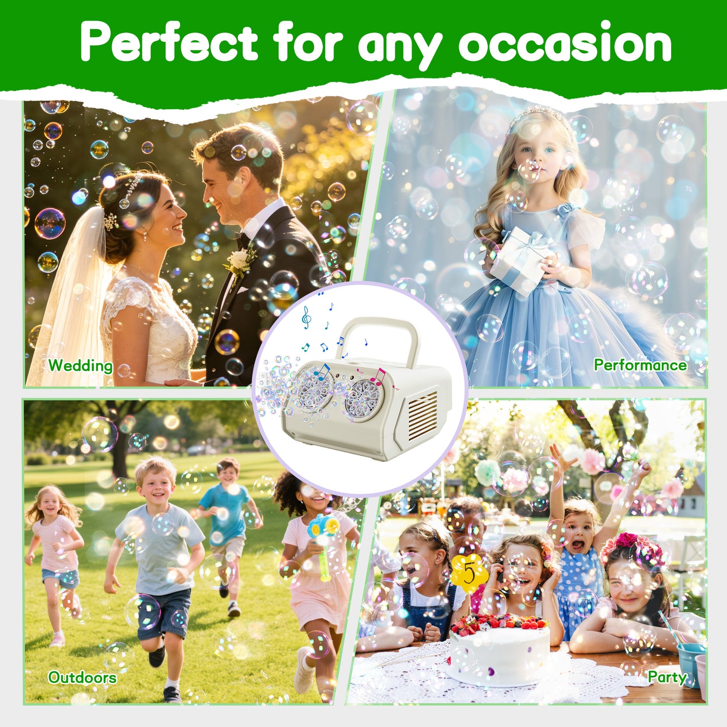KOPPOP Upgraded Bubble Machine, Automatic Bubble Blower for Kids with 85ml Bubble Solution and Rechargeable Battery, 20000+ Bubbles Per Minute Indoor Outdoor Toy for Birthday Party, White