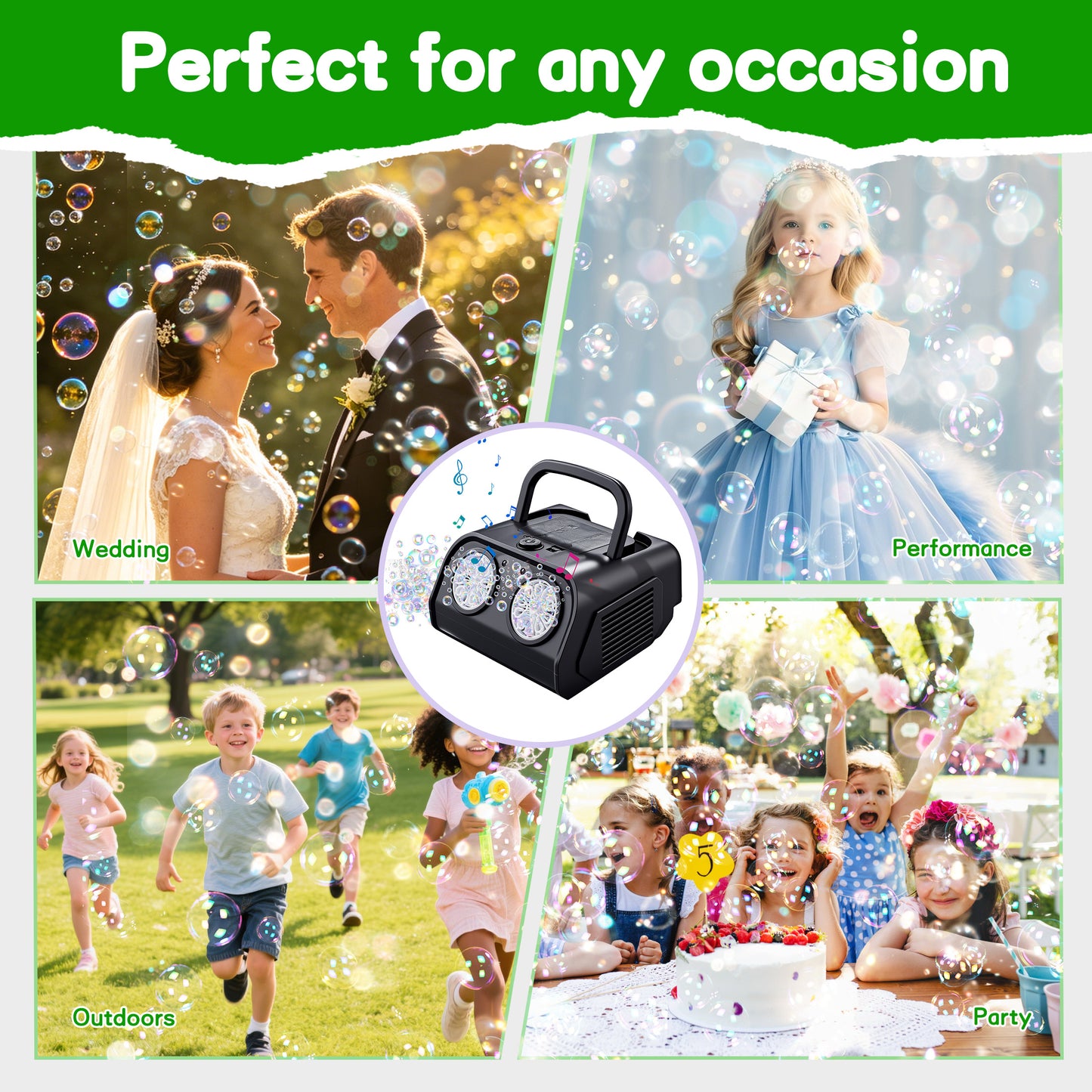 KOPPOP Upgraded Bubble Machine, Automatic Bubble Blower for Kids with 85ml Bubble Solution and Rechargeable Battery, 20000+ Bubbles Per Minute Indoor Outdoor Toy for Birthday Party, Black