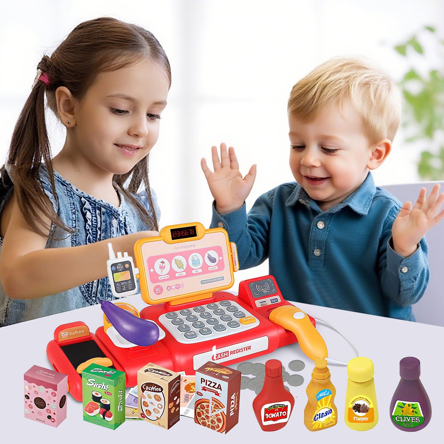 KOPPOP Kids Cash Register Toy, Pretend Play with Scanner, Learning Toy Gift for 3 4 5 6 Years Old Boys Girls Birthday(red).