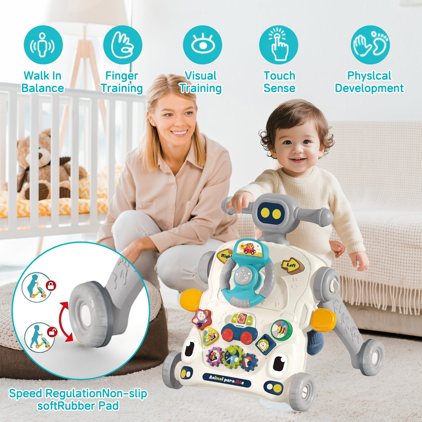 KOPPOP 3 in 1 Baby Walker and Activity Center for Girl, Learning to Walk, Sit to Stand, Early Educational Push Toys with Music Panel for Infant Toddler 12+ Months Grey