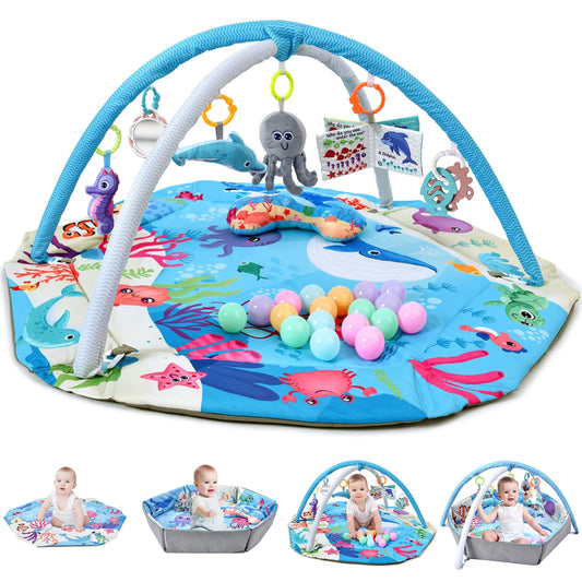 YoYFUN Baby Play Gym ,4-in-1 Baby Activity Gym & Tummy Time Play Mat, Infant Play mat, Combination Activity Gym for Sensory Exploration and Motor Skill Development from Baby to Toddler Blue