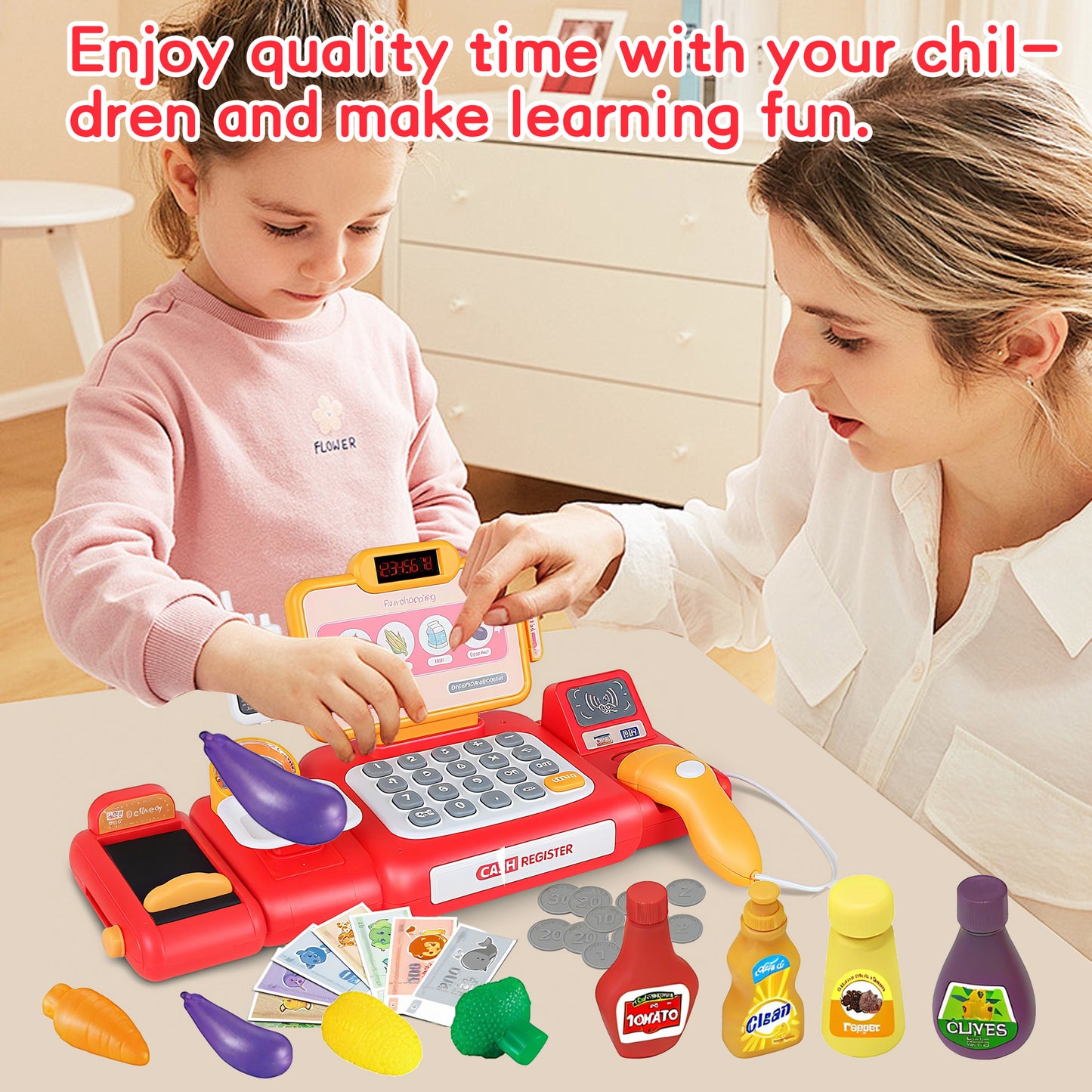 KOPPOP Kids Cash Register Toy, Pretend Play with Scanner, Learning Toy Gift for 3 4 5 6 Years Old Boys Girls Birthday(red).