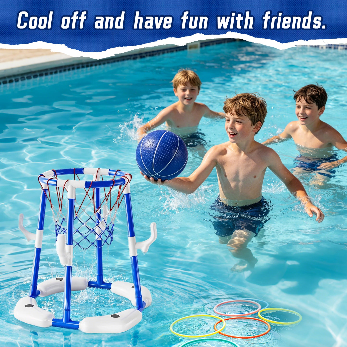 KOPPOP 2-in-1 Floating Pool Basketball Hoops & Ring Toss Game, Pool Basketball Toys with 1 Balls & 12 Rings, Inflatable Swimming Pool Toys for Kids and Family