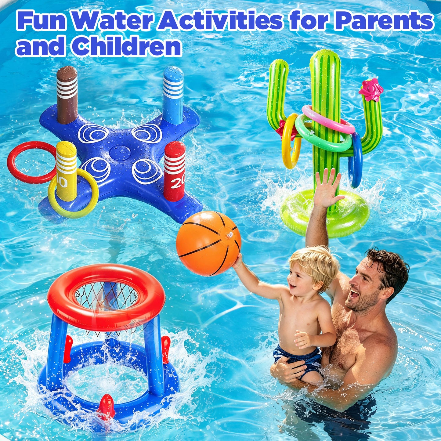 KOPPOP Pool Toys Games Set, Floating Basketball Hoop with Inflatable Cross Ring Toss Game, Cactus Inflatable Toy for Kids Adults, Summer Swimming Pool Water Games