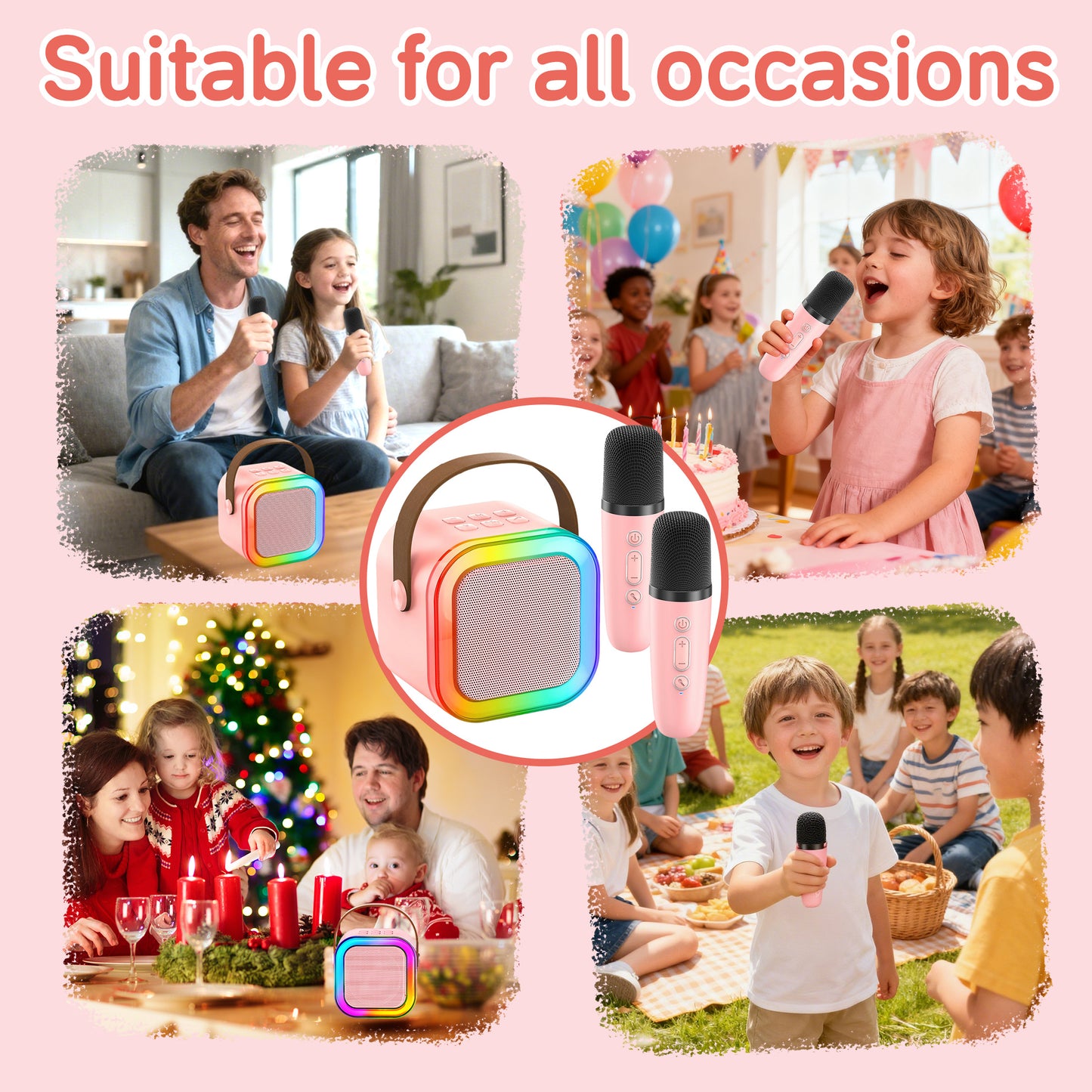 KOPPOP Mini Karaoke Machine with 2 Wireless Mics, Portable Speaker for Home & Travel Singing, Fun Gift for Kids 4-12+ Years Old (Pink)