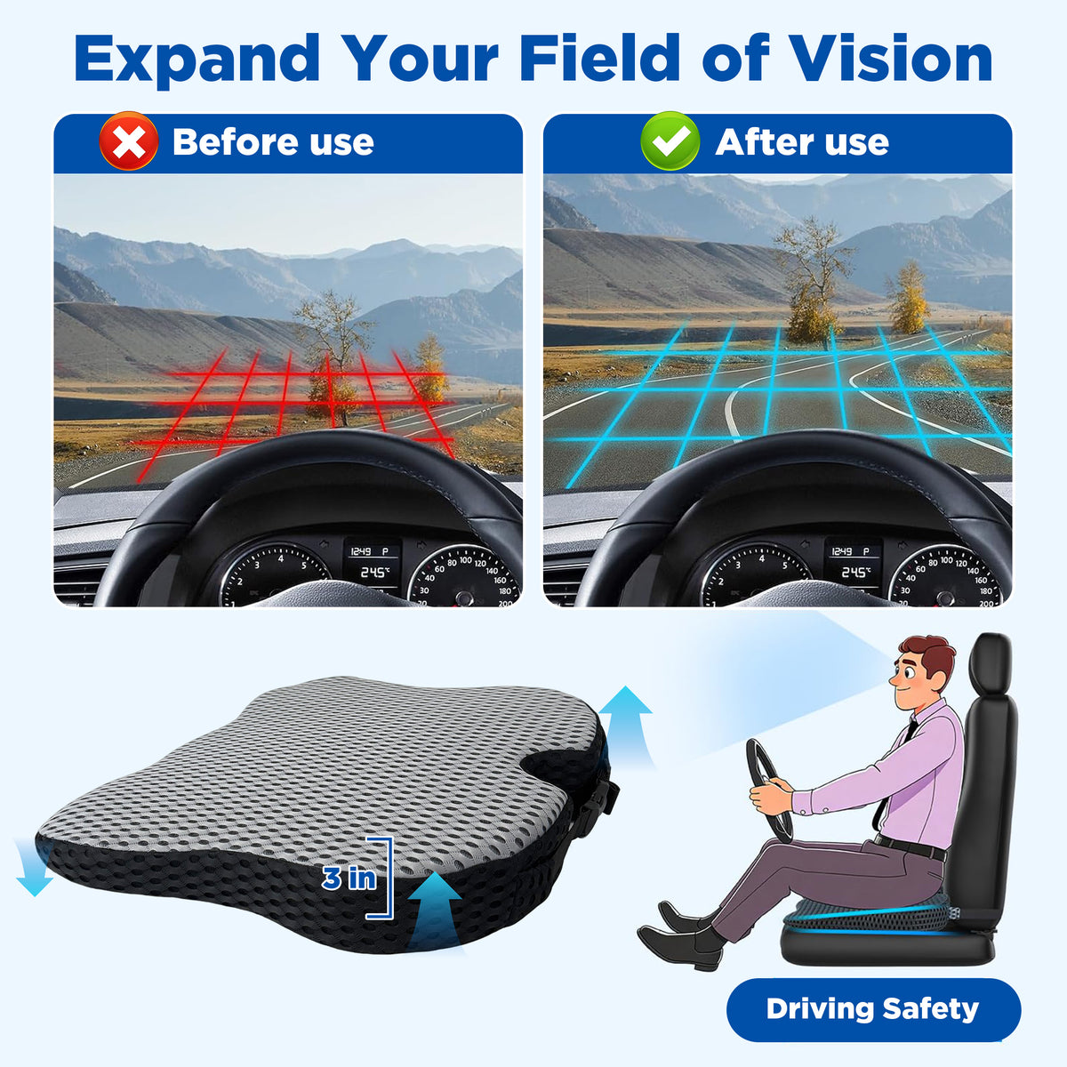 EVLIVE Car Seat Cushion,Booster Pillow for Driving,Memory Foam Seat Pad,Non-Slip for Height & Comfort,Gray