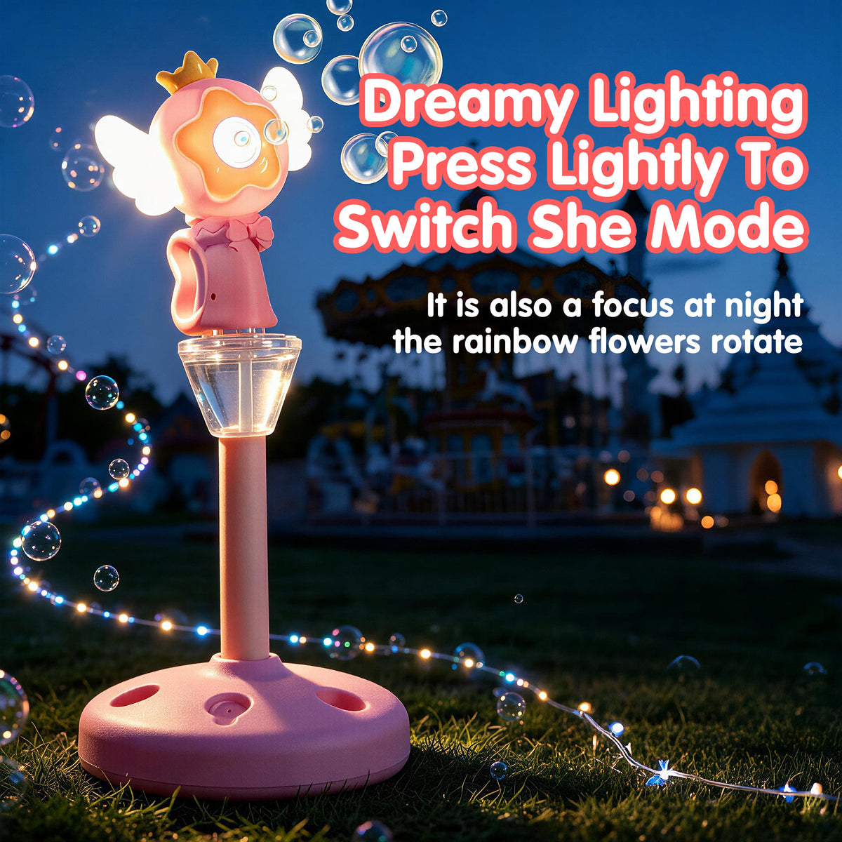 KOPPOP Garden Bubble Machine, LED Musical Lawn Lamp & Rechargeable Battery, Adjustable Height Outdoor Party Bubble Blower for Outdoor Decor (Pink)