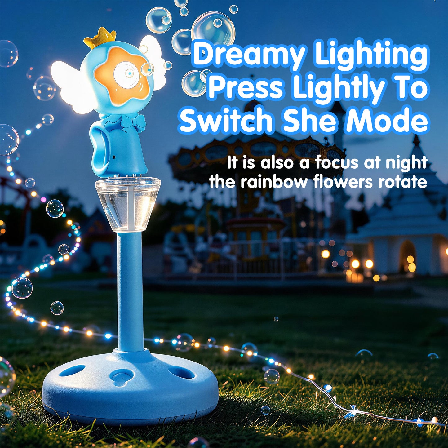 KOPPOP Garden Bubble Machine, LED Musical Lawn Lamp & Rechargeable Battery, Adjustable Height Outdoor Party Bubble Blower for Outdoor Decor(Blue)