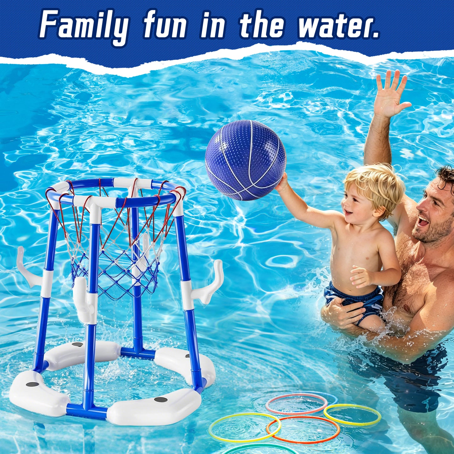 KOPPOP 2-in-1 Floating Pool Basketball Hoops & Ring Toss Game, Pool Basketball Toys with 1 Balls & 12 Rings, Inflatable Swimming Pool Toys for Kids and Family
