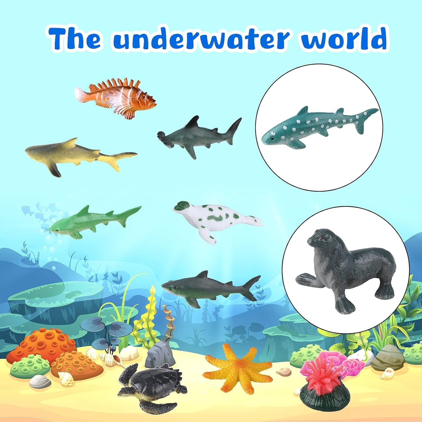 YoYFUN Sea Ocean Animal, 26PCS Figure Sea Creatures Model Toys Sets, Baby Bath Toys and Realistic Plastic Pool Party Toys, for Kids with Turtle Octopus Shark