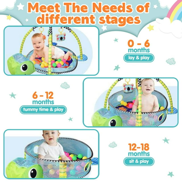 YoYFUN Baby Play Gym ,3 in 1 Baby Play Activity Mat with with 4 Toys, Detachable Arch, Protective Mesh, Ocean Ball,Activity Play Mat for Infant Toddlers Green Turtle