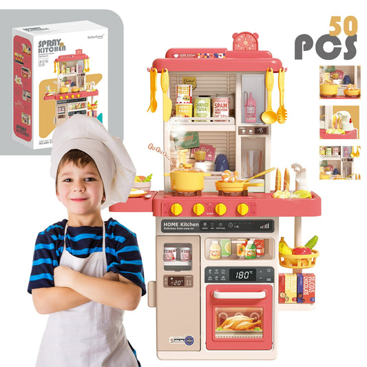 YoYfun Play Kitchen,Kids Kitchen Playset with Real Sounds & Lights,Pretend Play Food Toys,Play Sink,Cooking Stove with Steam,Toddler Kitchen Toy Gift for Boys and Grlis 50