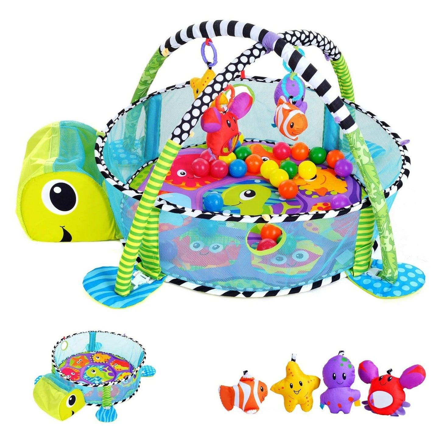 YoYFUN Baby Play Gym ,3 in 1 Baby Play Activity Mat with with 4 Toys, Detachable Arch, Protective Mesh, Ocean Ball,Activity Play Mat for Infant Toddlers Green Turtle