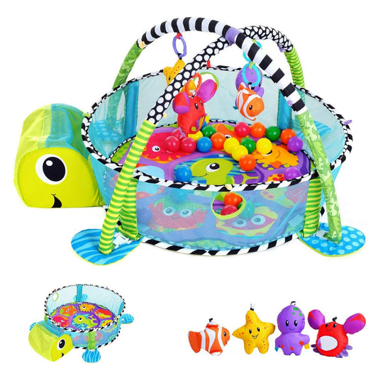 YoYFUN Baby Play Gym ,3 in 1 Baby Play Activity Mat with with 4 Toys, Detachable Arch, Protective Mesh, Ocean Ball,Activity Play Mat for Infant Toddlers Green Turtle