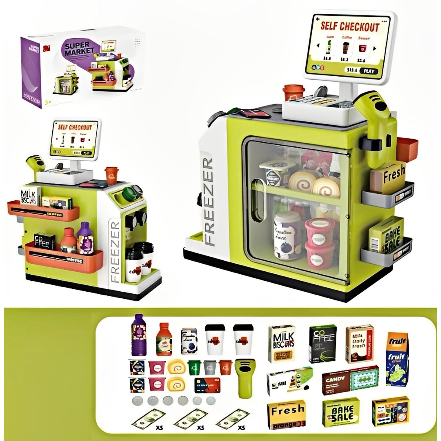 YoYFUN Cash Register for Kids - 46PCS Pretend Play Toys, Fake Money, Scanner, Calculator, Toy Food,Gift for Ages 3+