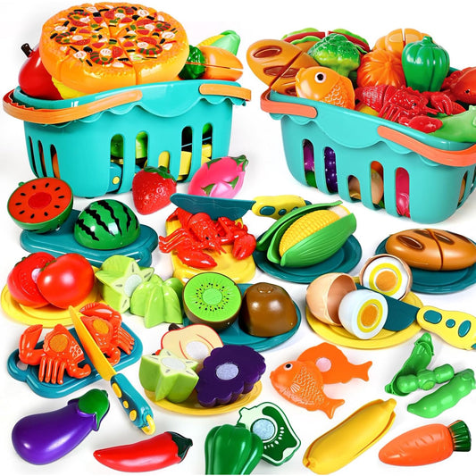 YoYFUN Kids Kitchen Play Set-Toy Food, Educational Toddler Toys, Play Kitchen Accessories, Plastics Cutting Fake Food/ Vegetable/ Fruit, Toy Food Set for Toddlers