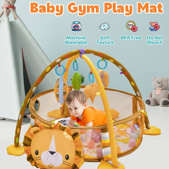 YoYFUN 3-in-1 Baby Activity Gym, Infant Playmat Ball Pit with 4 Toys, Detachable Arch, Protective Mesh, Ocean Ball, Lion Storage Bag, Baby Floor Mat for Newborn Toddlers