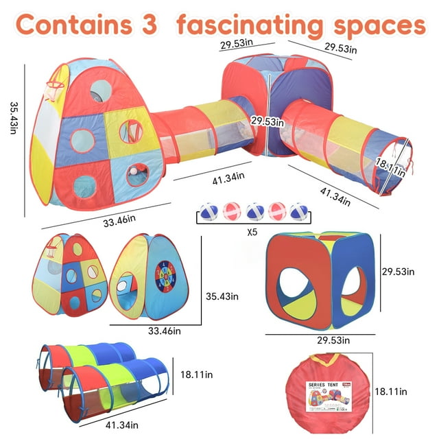 YoYFUN Play Tent and Tunnel ， 4 in 1 Play Tent Jungle Gym For Kids Play House Ball Pit 2 Tents & 2 Crawl Tunnels Indoor Outdoor Toy Tent Colorful Gift For Toddlers