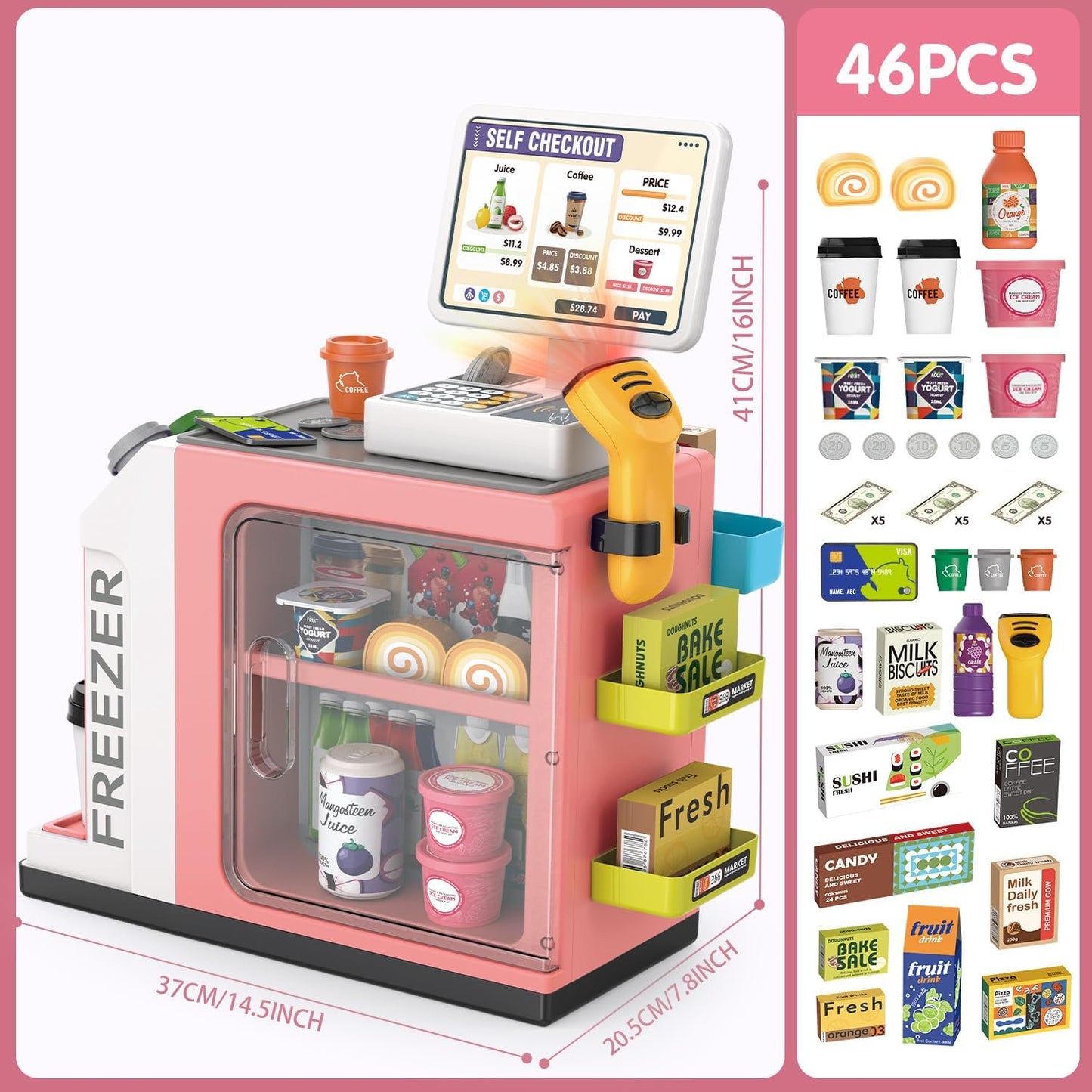 YoYFUN Cash Register for Kids - 46PCS Pretend Play Toys, Fake Money, Scanner, Calculator, Toy Food,Gift for Ages 3+