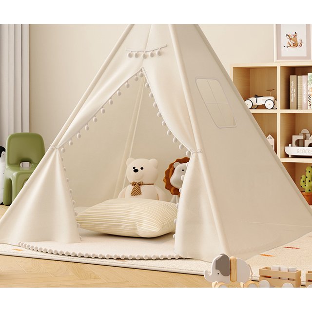 YoYfun Teepee Tent for Kids, Toddler Play Tent Natural Cotton Canvas, Foldable Indoor Outdoor Play House Game for Girls & Boys, White