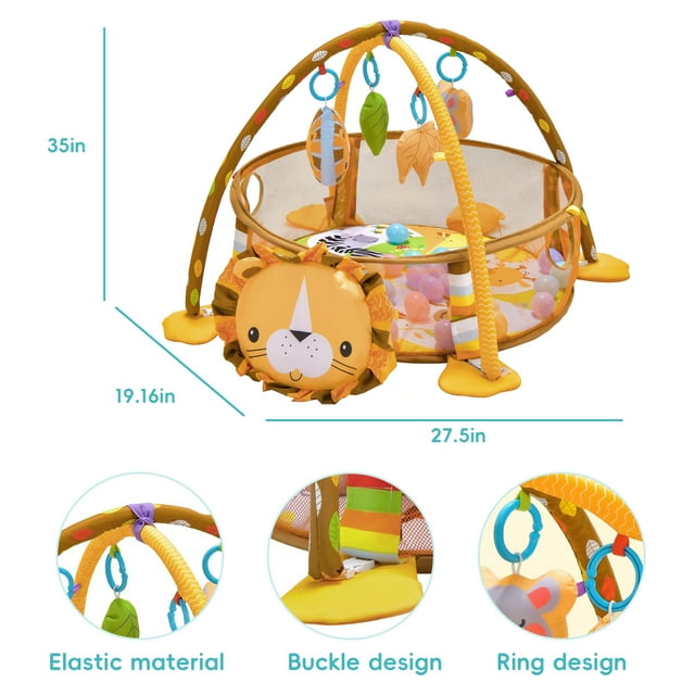 YoYFUN 3-in-1 Baby Activity Gym, Infant Playmat Ball Pit with 4 Toys, Detachable Arch, Protective Mesh, Ocean Ball, Lion Storage Bag, Baby Floor Mat for Newborn Toddlers