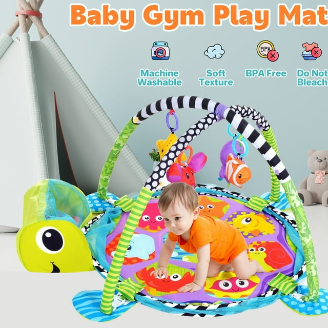 YoYFUN Baby Play Gym ,3 in 1 Baby Play Activity Mat with with 4 Toys, Detachable Arch, Protective Mesh, Ocean Ball,Activity Play Mat for Infant Toddlers Green Turtle