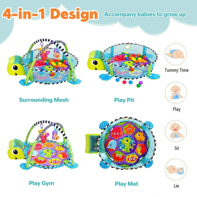 YoYFUN Baby Play Gym ,3 in 1 Baby Play Activity Mat with with 4 Toys, Detachable Arch, Protective Mesh, Ocean Ball,Activity Play Mat for Infant Toddlers Green Turtle