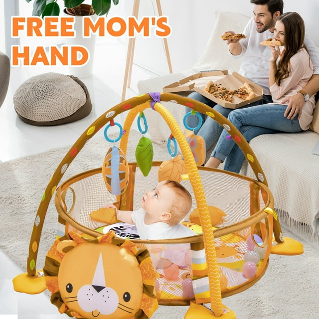 YoYFUN 3-in-1 Baby Activity Gym, Infant Playmat Ball Pit with 4 Toys, Detachable Arch, Protective Mesh, Ocean Ball, Lion Storage Bag, Baby Floor Mat for Newborn Toddlers