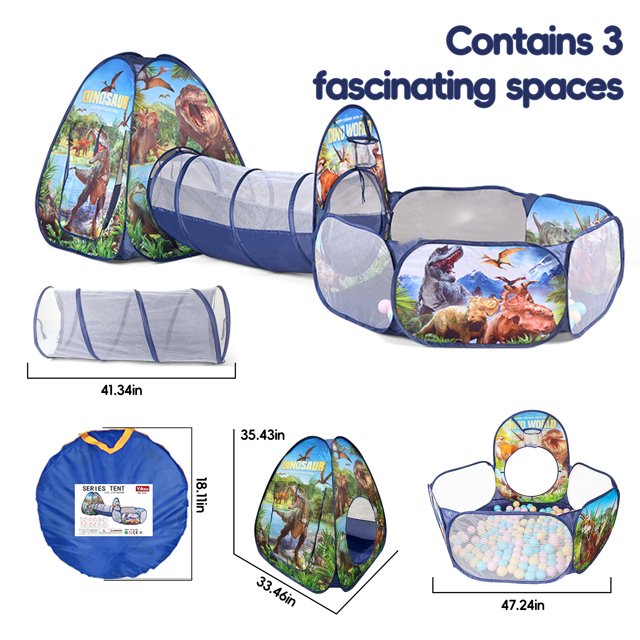 YoYfun Kids Play Tent, 3 in 1 Kids Play Tent Set with Tunnel and Ball Pit Indoor& Outdoor Dinosaur Play House For Toddlers Kids Toy Gifts